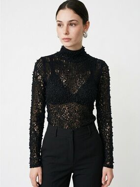 Marlene Birger Sheer Crochet Mock-Neck Lace Blouse Sz6